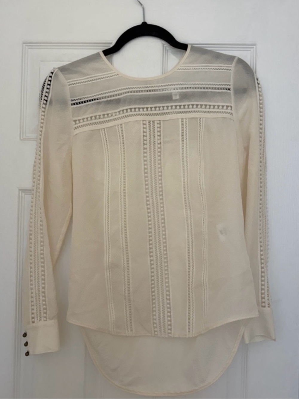 Veronica Beard Cream Lace-Panel Long Sleeve Blouse